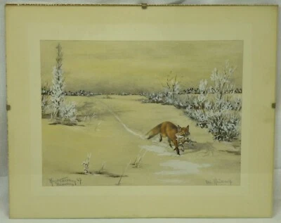 (B1098) Aquarell "Fuchs mit Beute bei Rauhreif" Kurt Walther 1947 / Heidelberg - Bild 1 von 4
