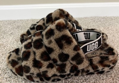 Women s UGGs Fluff Yeah Leopard Print Slingback Fuzzy Slide Slippers Size 10