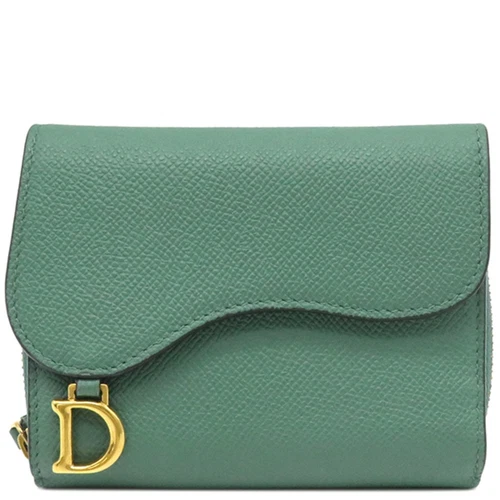 Dior Christian Tri fold Portefeuille Selle Lotus Cuir Vert Or Occasion HOUB 0