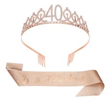 Birthday Crown and Sash 40th Birthday Sash for Women Rhinestone Tiara Rose Gold