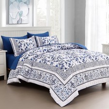 Floral California King Comforter Set, 7 Piece Bed in a Bag Blue Flowers on Wh...