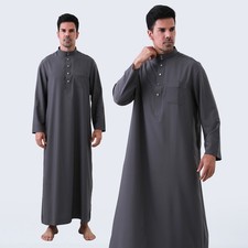 Men Saudi Jubba Thobe Casual Loose Long Robe Kaftan Dishdasha Islamic Abaya Arab