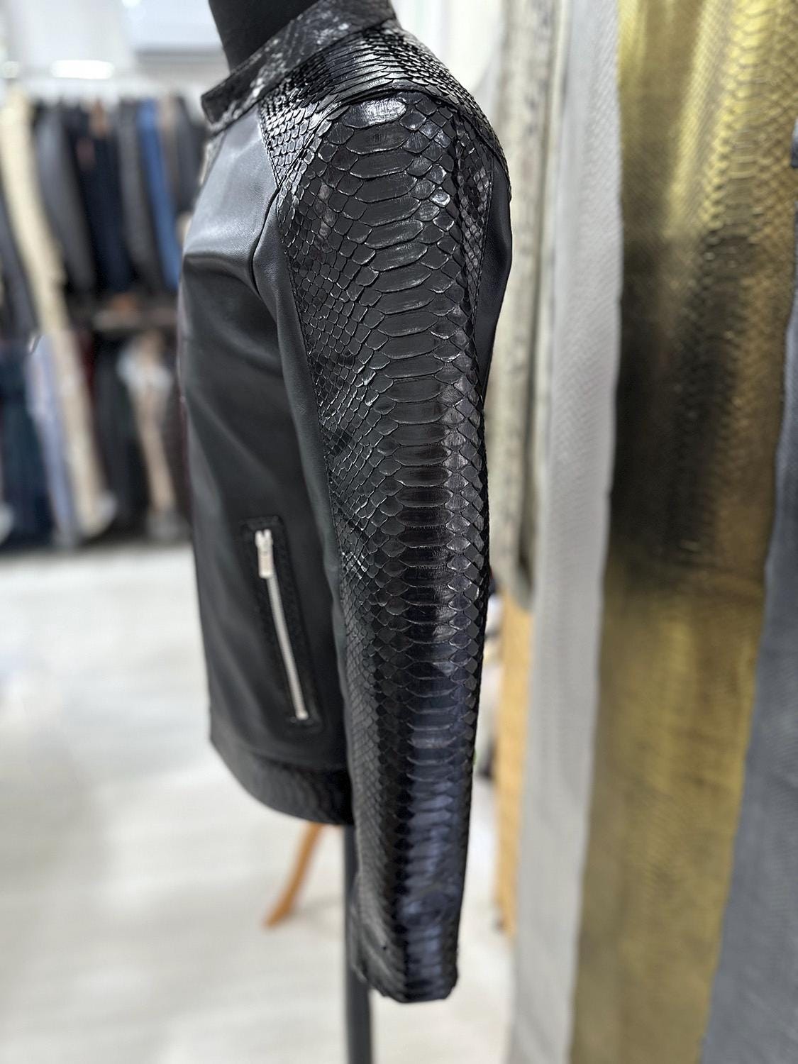 Men's Real Python Skin Trim Genuine Leather Black Luxury Moto Jacket image 5