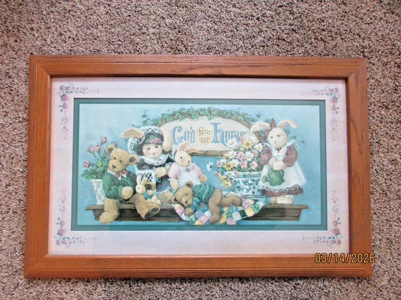 VTG HOMCO HOME INTERIORS GOD BLESS OUR HOME BUNNY & BEARS ON SHELF PICTURE 