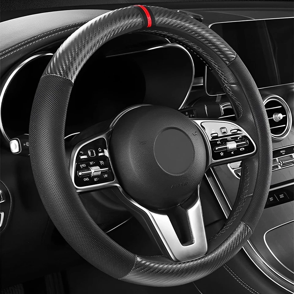 For BMW Car Steering Wheel Cover Protector 15" Rubber Carbon Leather Non-Slip - Image 2 of 4