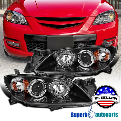 #ad For 2004 2009 Mazda 3 Sedan Shiny Black Projector Headlights Replacement LR $95.98