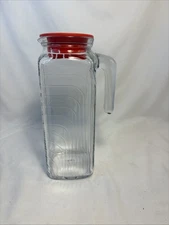 Vintage Covetro Ribbed Glass Pitcher Red Lid Made in Italy 9"
