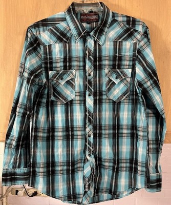 Rock & Roll Cowboy Western Shirt Mens Large Turquoise Black Plaid Snap B2S1360