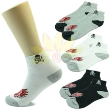 3 Pairs Ankle Quarter Crew Mens Socks Cotton Low Cut Size 9-11 10-13 Skull