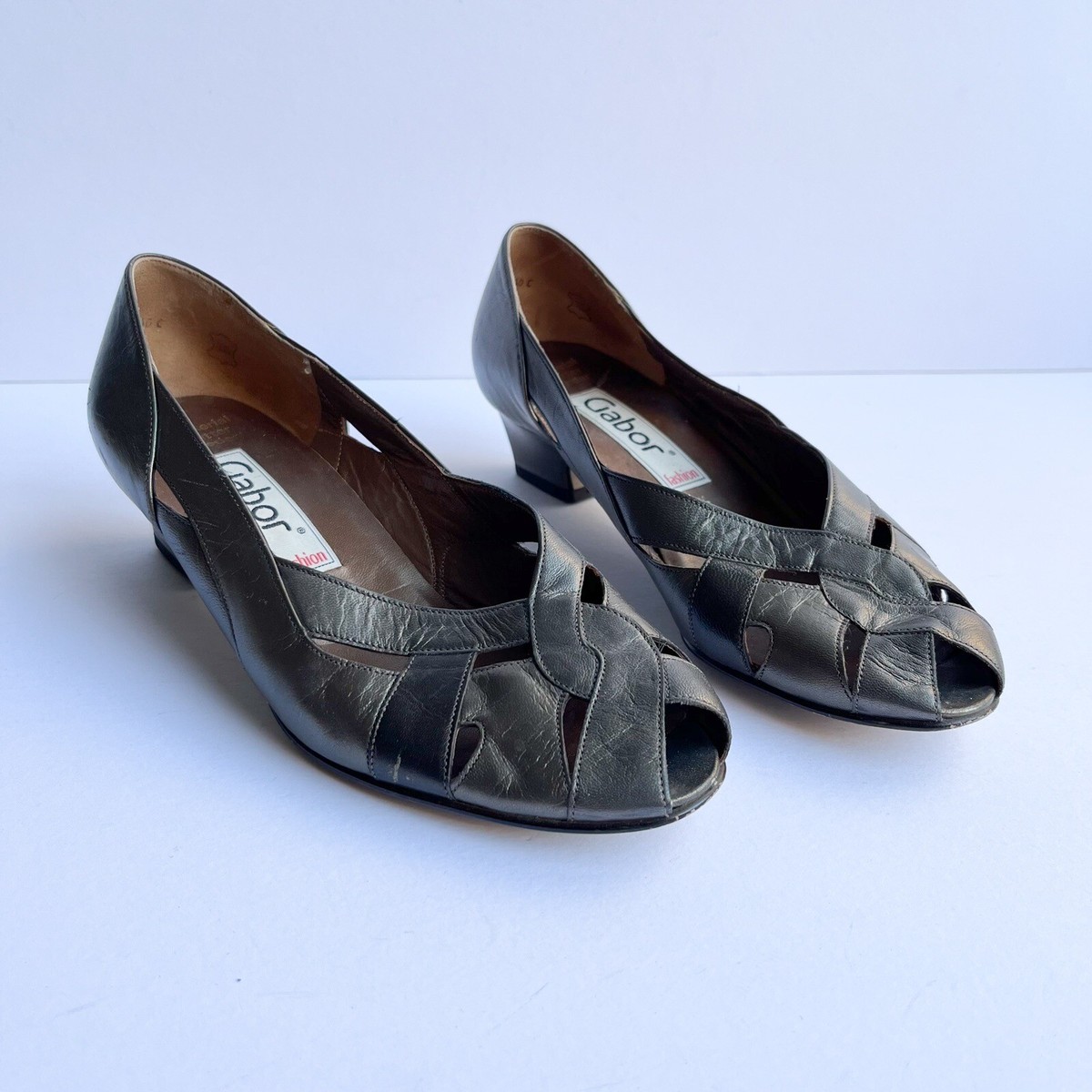 Vintage Germany Gabor Pewter Cutaway open Toe Court Shoe UK