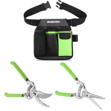 WORKPRO Pruning Shears Set w/5-Pocket Waist Tool Belt 8" Bypass & Straight Blade