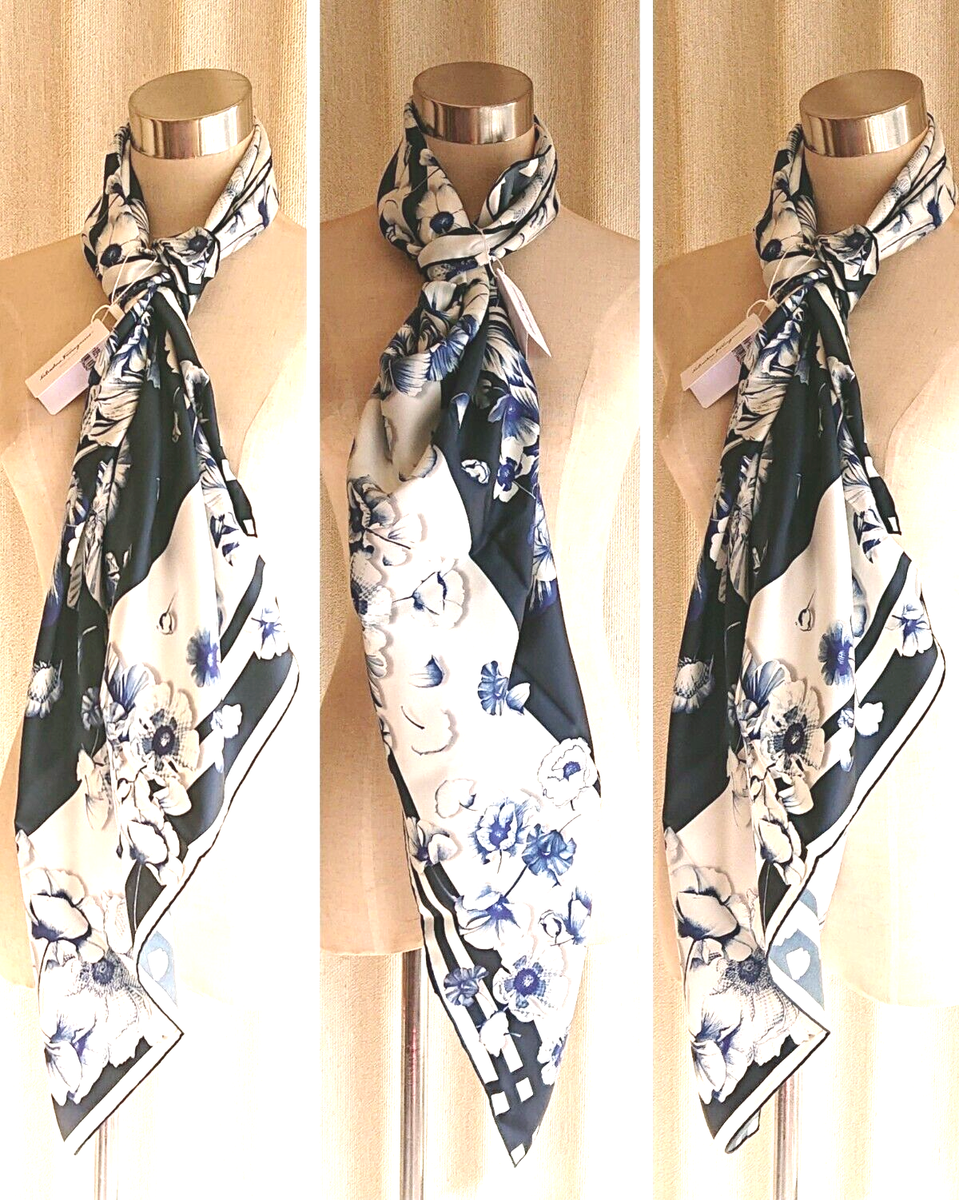 Salvatore Ferragamo Scarf Silk100% 86.5×87cm Deep blue, white