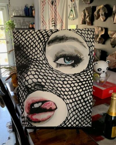 'A Kink in the Hose #1' Orig Painting on Canvas Fishnets, Face, Woman, Fetish - Picture 1 of 3