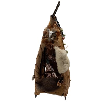 Tall VTG Native American Indian Handmade Doll Teepee  Fur Feathers Sticks Husk