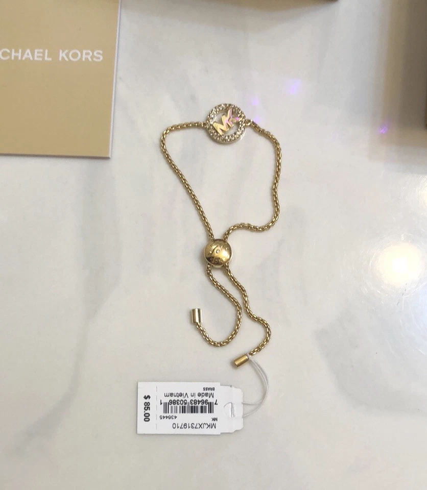 Brazalete Michael Kors Chapado en Tono Dorado Latón Logo MK y Cristal Estación Nuevo con Etiquetas y Caja Foto 2 de 4