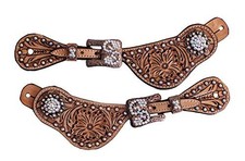 Showman Ladies Leather Spur Straps w/ Floral Tooling  Crystal Rhinestones
