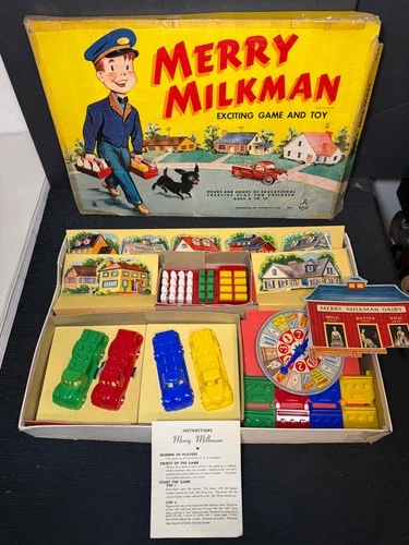 Vintage 1955 Hasbro Merry Milkman Plastic Milk Truck Playset Delivery Game w BOX