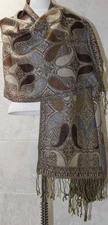 Pashmina Shawl Wrap Scarf Brown Paisley Acrylic 72" X 26" Fringed *never worn