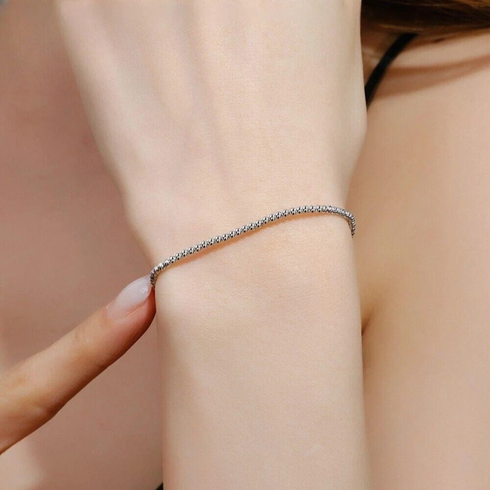 Pure Platinum 950 PT950 Chain Women 2mm Shiny Beads Link Bracelet 6.3+1.2inch - Image 3 of 4