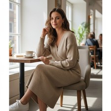 Express Midi Sweater Dress XL Neutral Tan Beige Ribbed Knit Long Sleeve Stretch