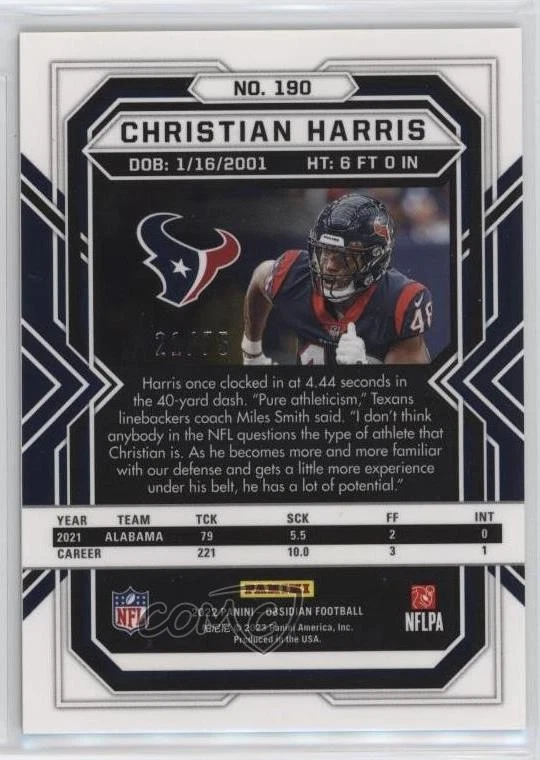 2022 Panini Obsidian Rookies Electric Etch Orange /75 Christian Harris Rookie RC - Image 2 of 2