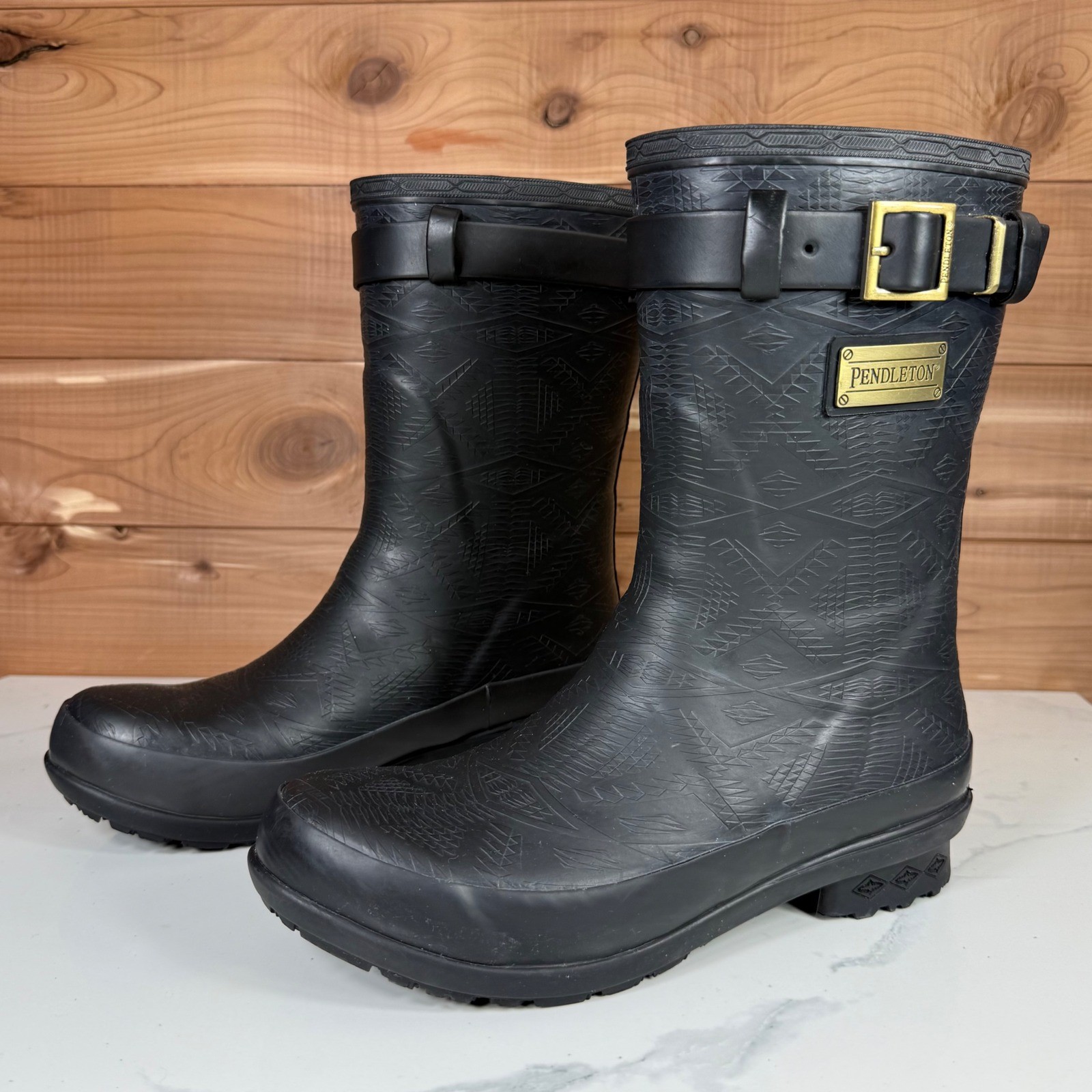 Pendleton Black Geometric Pattern Rubber Rain Boo… - image 1