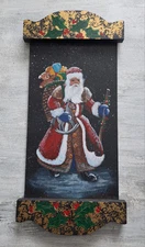 Handpainted Old World Santa With Toys Wood Wall Plaque 23 1/2' Signed