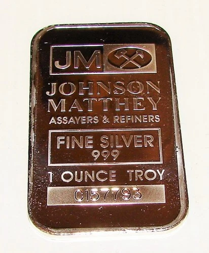 JM Johnson Matthey Vintage Silver Bar 1 OZ Troy Ounce .999 Bullion C157793
