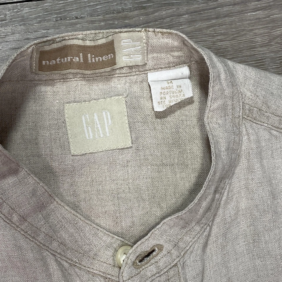 GAP Linen Shirt Mens Medium Beige Band Collar Long Sleeve Button Made Portugal - Image 2 of 4