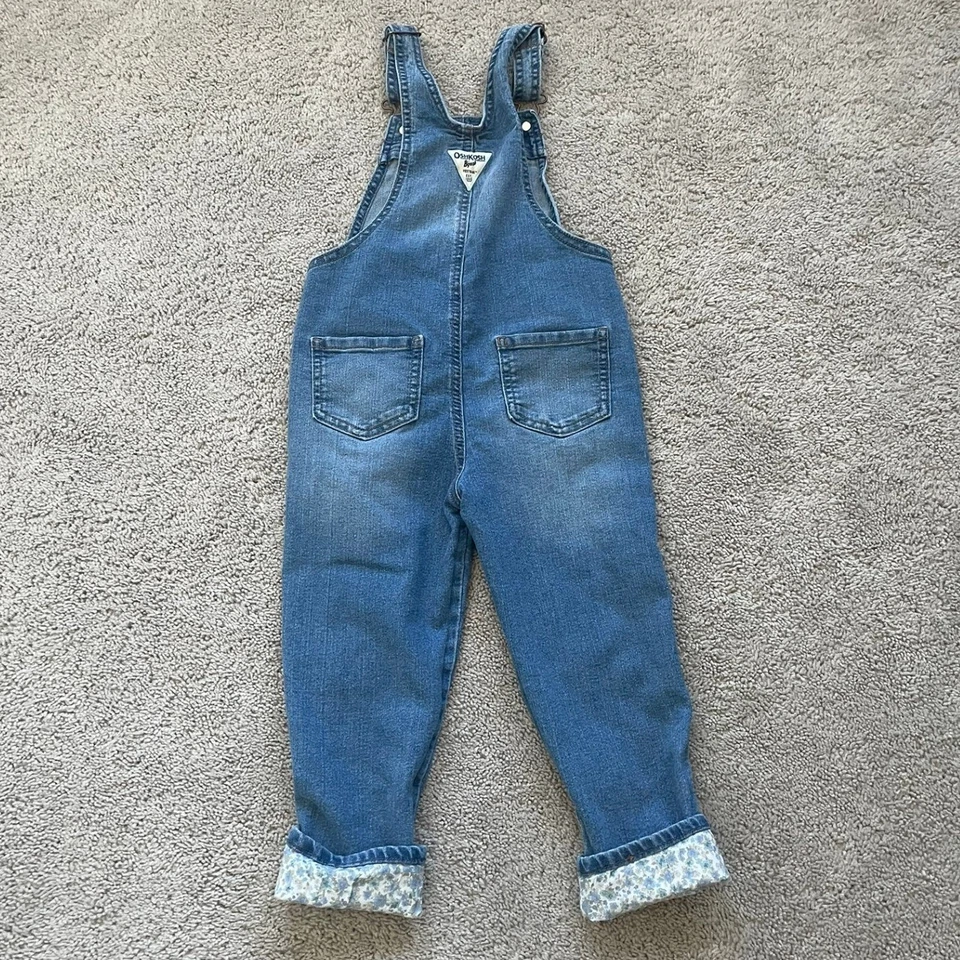 OshKosh Denim Overalls Girls 5T Blue Floral Cuff Prairie Cottagecore Vintage - Image 4 of 4