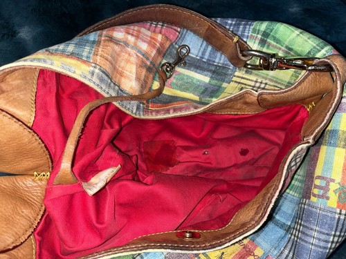Dooney & Bourke VTG Madras Pink Green Blue Picnic Plaid Ants Hobo Shoulder Bag - Picture 9 of 12