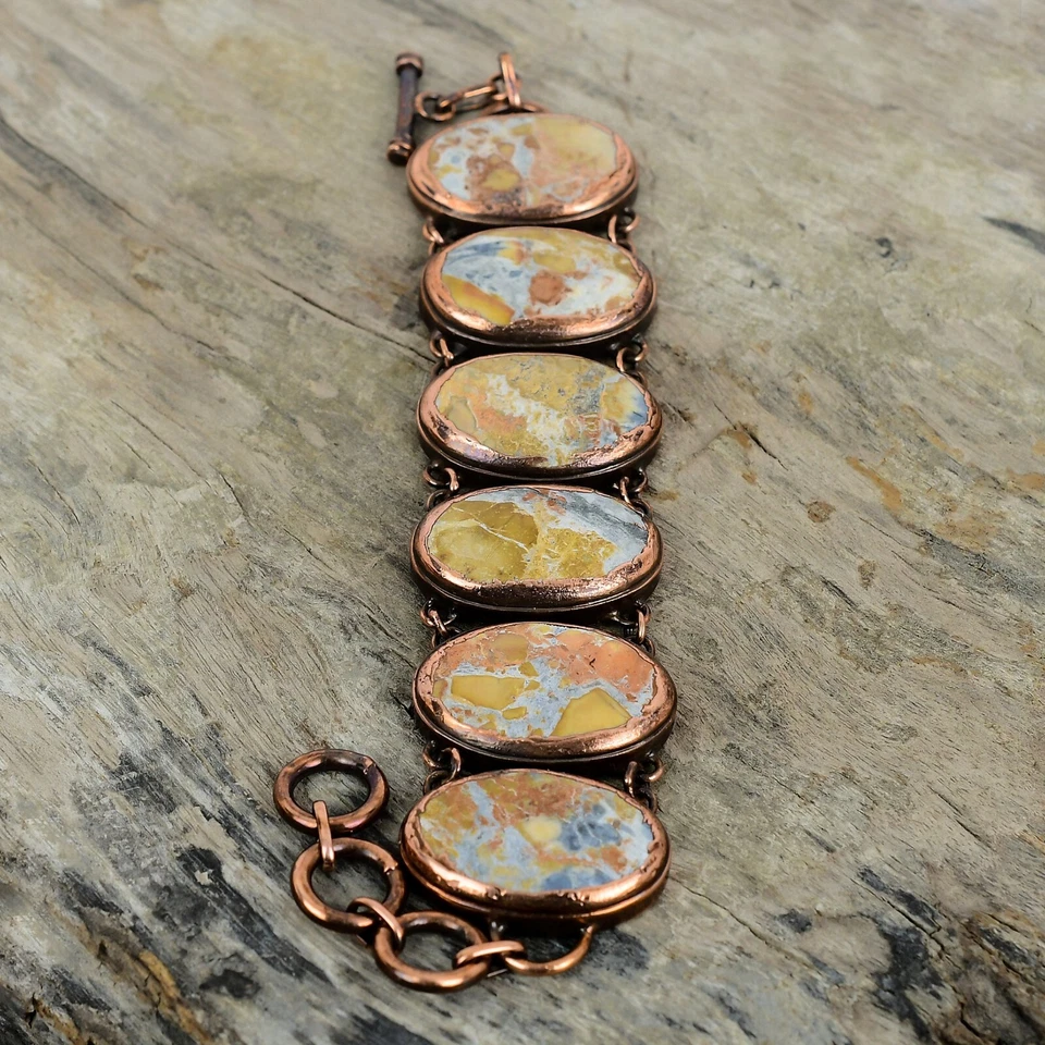 Elegante pulsera bisel de cadena electroformada piedra jaspe maligano cobre joyería Foto 3 de 4