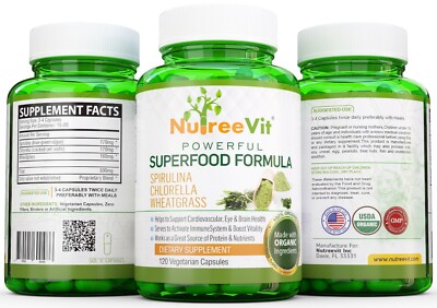 PURE ORGANIC SPIRULINA + CHLORELLA + WHEATGRASS EXTRACT VEGGIE CAPSULES (500mg)