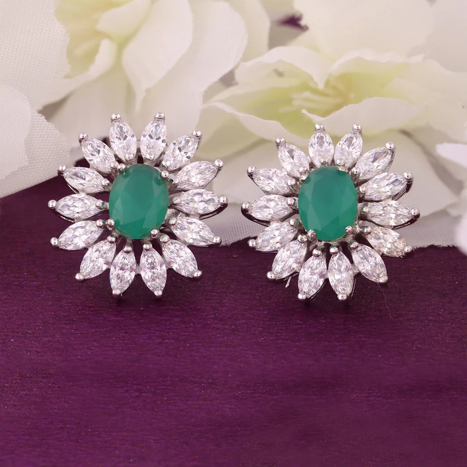 5.50 Ct Oval Lab-Created Green Emerald Floral Stud Earrings 14K White Gold Over - Image 3 of 4