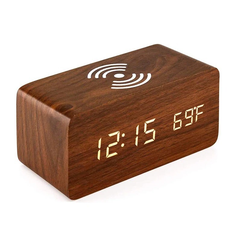 Modern Wooden Wood Digital LED Desk Alarm Clock Thermometer Qi Wireless Charger