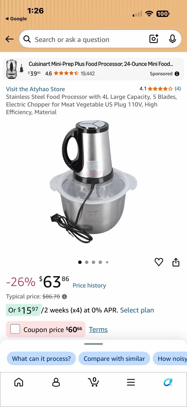 Stainless Steel Food Processor with 4L Large Capacity, 5 Blades, Electric Cho...