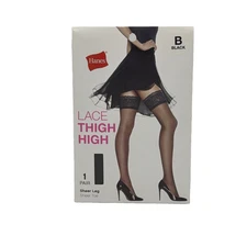 Hanes Lace Thigh High Sheer Leg Sheer Toe in Black Size B - 1 Pair
