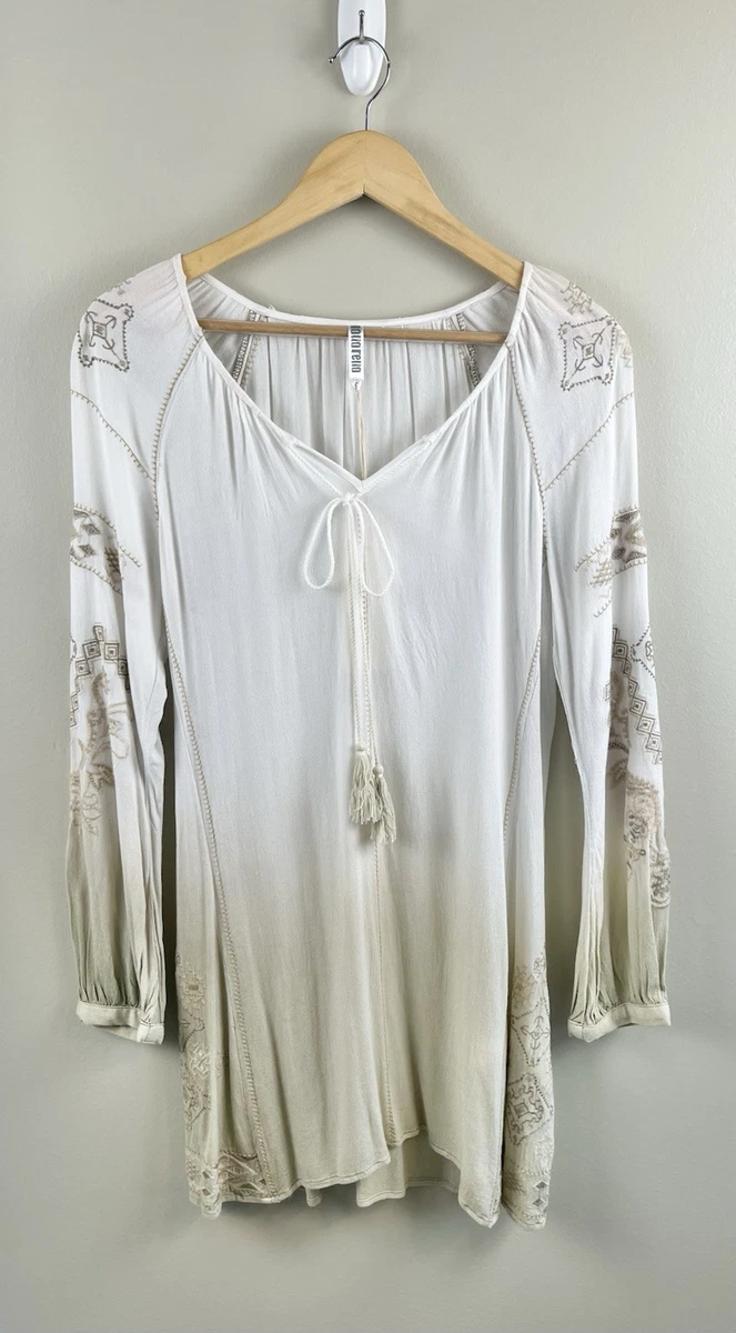 monoreno embroidered dress Monoreno Embroidered Linen Tunic Dress L Boho Festival Beach Coastal Cowgirl