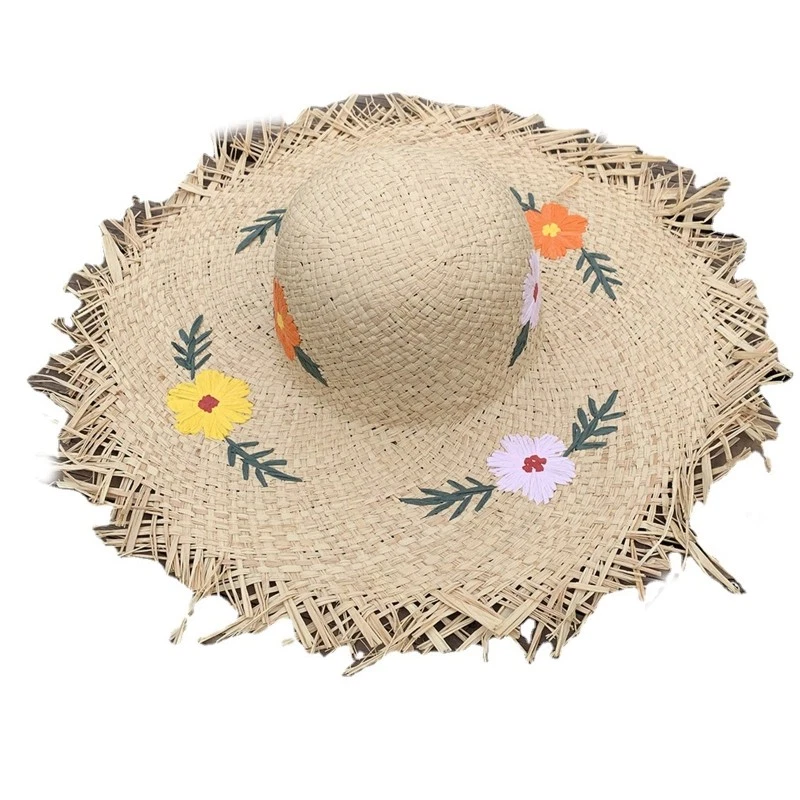 Embroidered Flowers Beach Hat Sun Hat Wide Brim Straw Hat for Outdoor Activi