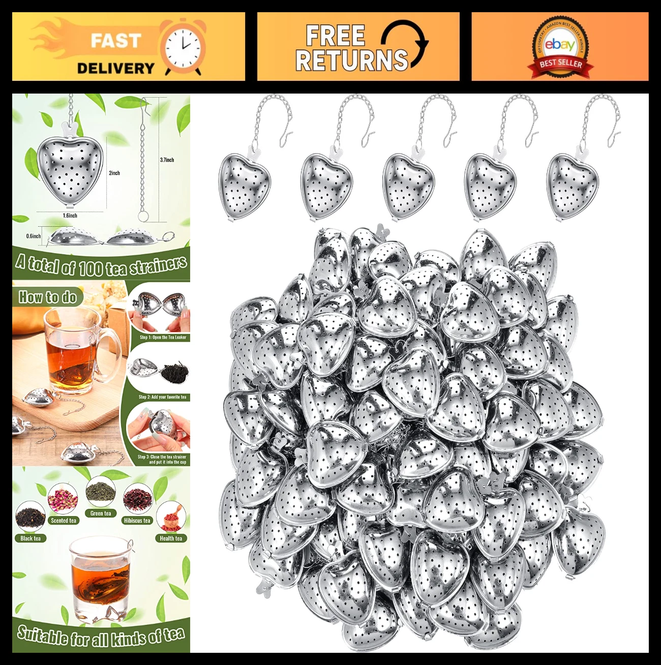 100 Pcs Stainless Steel Tea Ball Infuser - Heart Shape Loose Leaf Steeper & Filt