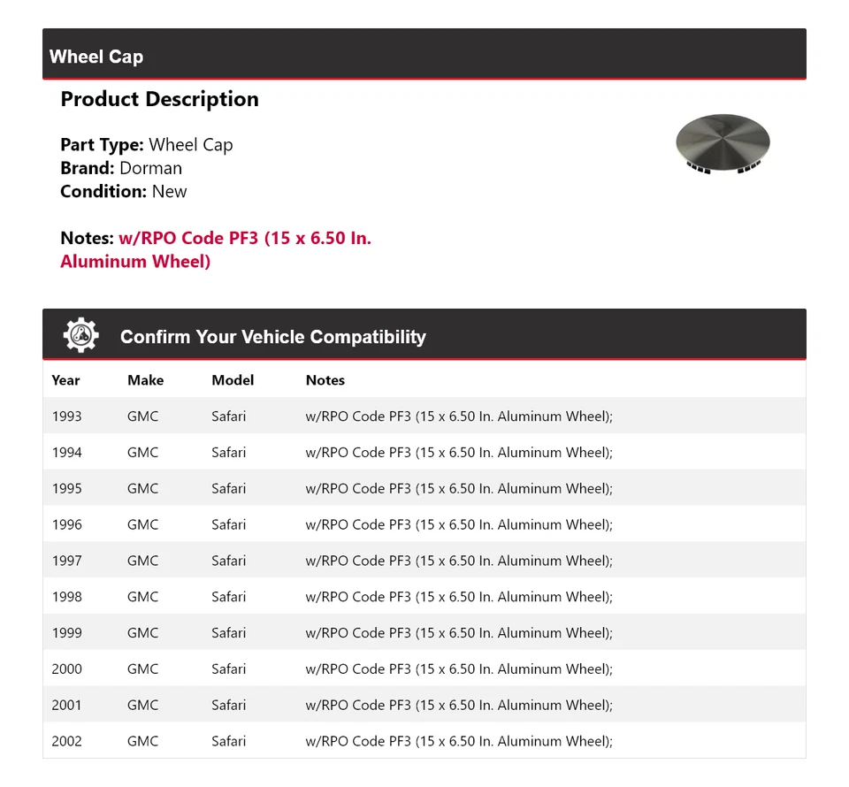 Tampa de roda Dorman 1994 1995 1996 1997 1998 1999 2000 para 1993-2002 GMC Safari - Imagem 2 de 4