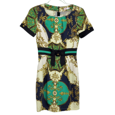 Vintage Liva Emerald Green & Gold Chain Print Regal Mini Shift Dress Small  | eBay