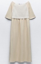 New NWT ZARA Macrame Contrast Knit Linen Blend Dress Sand S Small  Free Shipping