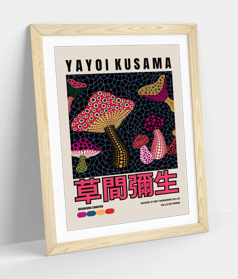 YAYOI KUSAMA MUSHROOMS POSTER HOME DECOR FRAMED WALL ART POSTER PRINT 4 SIZES