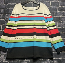 Alfred Dunner Tunic Sweater Women Medium Red Green Blue Striped Embellished Knit