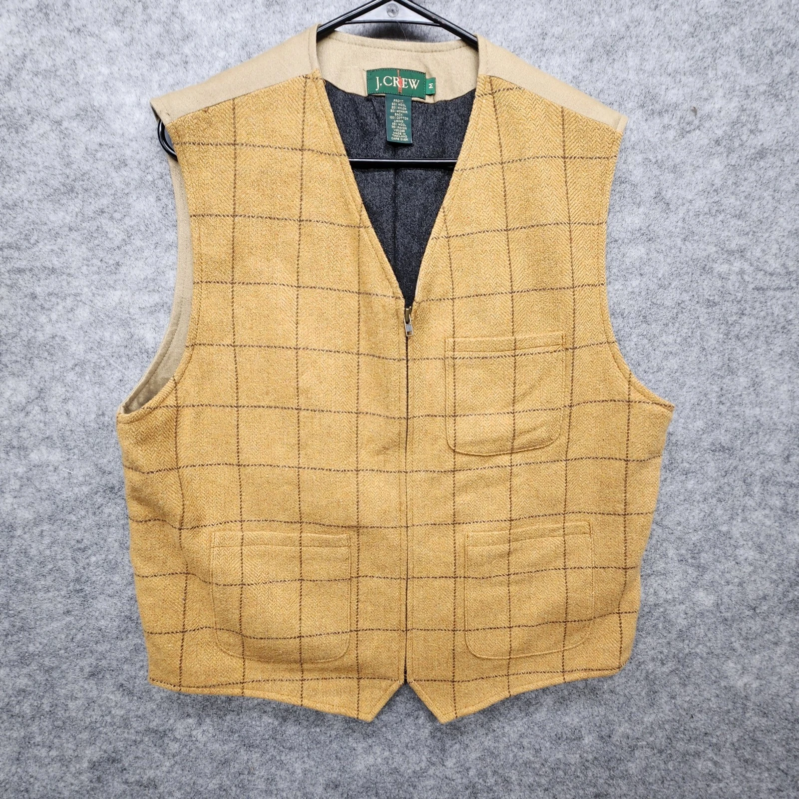 Vintage J Crew Vest Mens Medium Brown Tan Plaid Wool Blend Zip Hunting Casual
