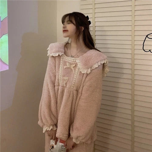 Women Winter Two-Piece Set princess Sweet Bow-Knot Ruffled Loose Plush Pajamas H - Picture 11 of 17