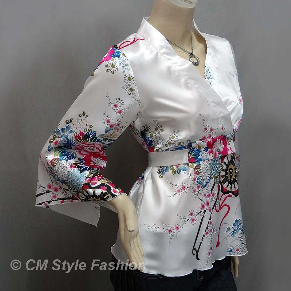 Blusa japonesa quimono floral cetim sedoso branca P/M/L/XL/2XL/3XL - Imagem 3 de 4