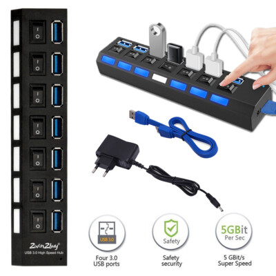 USB 3.0 Hub Switch Splitter Powered AC Adapter Charger 7 Port PC Laptop Desktop