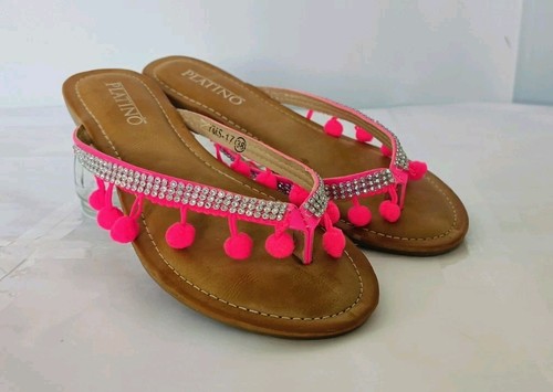 Ladies Sandals Size 5 Flip Flop Toe Piece Pink Diamante Pom Poms Cushioned Flat - Picture 17 of 17